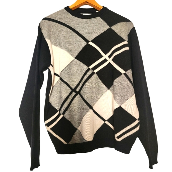 Bachrach Men's M Wool Blend Argyle Geometric Crewneck Sweater Black White Medium - Picture 1 of 8